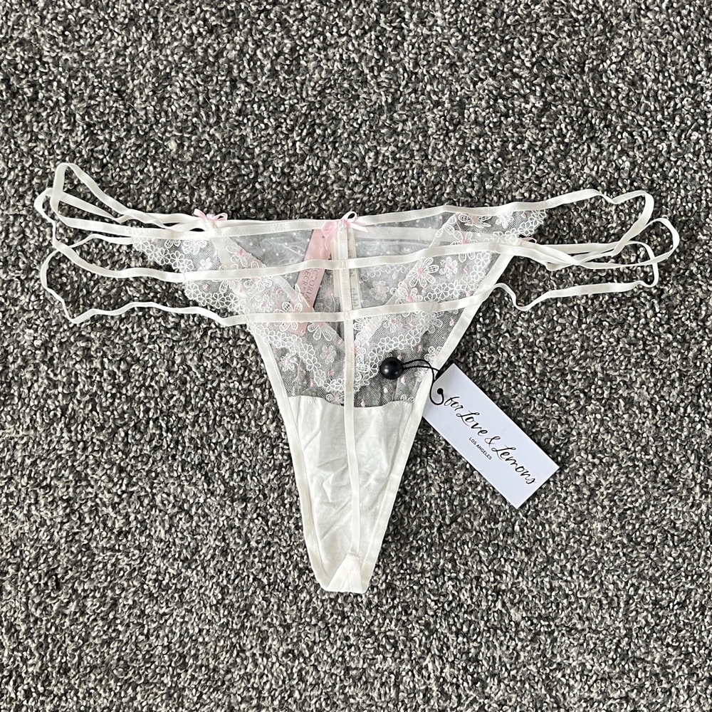 For Love And Lemons Sheer White Lace Thong Panty with Pink Embroidery - Picture 5 of 8